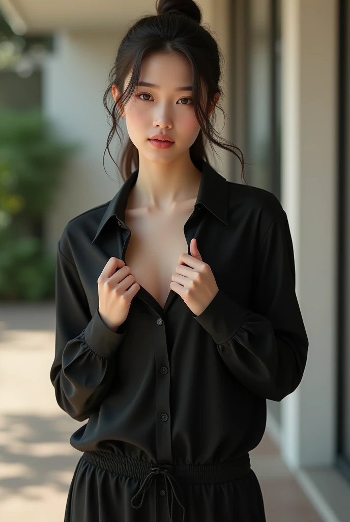 (photorealism:1.2), beautiful woman, wearing black shirt and hands opening the shirt, jogger pants, ponytail, soft lighting, outdoor, standing pose, realistic, Simple colors