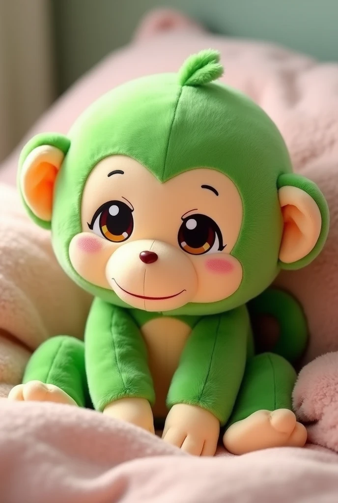 Cute monkey plushie that is green, with an anime style to it, laying on a bed