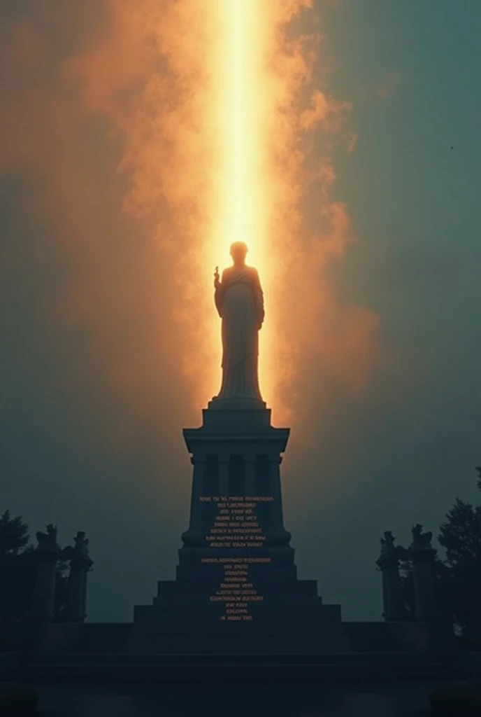 In the center of the picture is the outline of the goddess，But her torch was replaced by a light shining down from the sky.，This beam of light not only illuminates the goddess statue，It also illuminates the line of text below.：“In Memory of 9/11”。Background is gradient orange and blue，Imitation of the sunrise，Meaning that even after darkness，Light and hope will always come。
