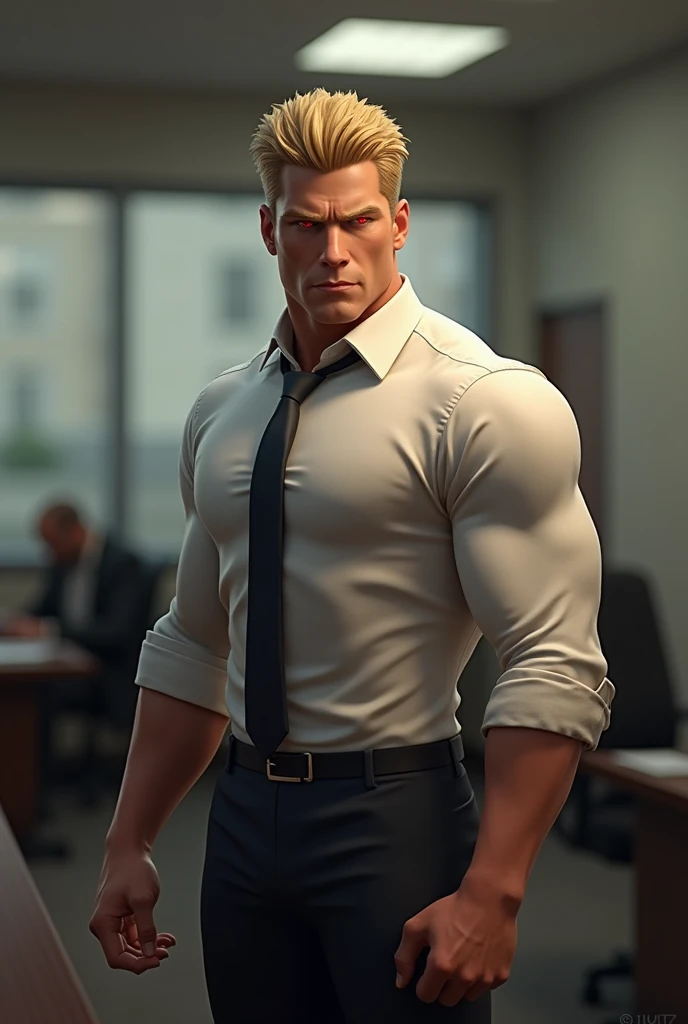 game style 3d art high quality of man with blonde hair and red eyes, muscular body, office style, in smoking, stern face, bright skin