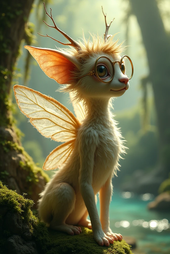 Create an image of a beautiful, glasses-wearing fairy tale creature that has never been seen anywhere before that is totally new. 