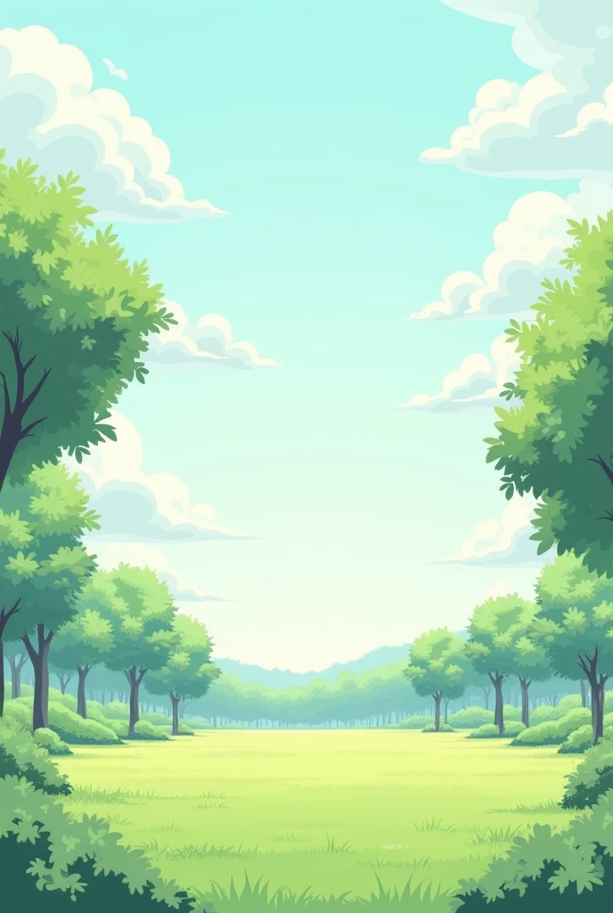 Presentation background with trees and a field with decorated space to write titles, Create cloud-shaped decoration to put text on and make it manga style, less colorful