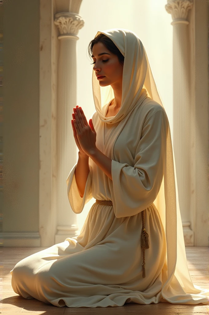 The virtuous servant’s wife praying in devotion, highlighting her faith and purity