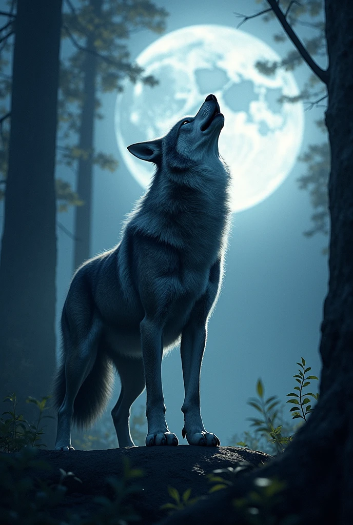 Wolf in the forest howling and the moon