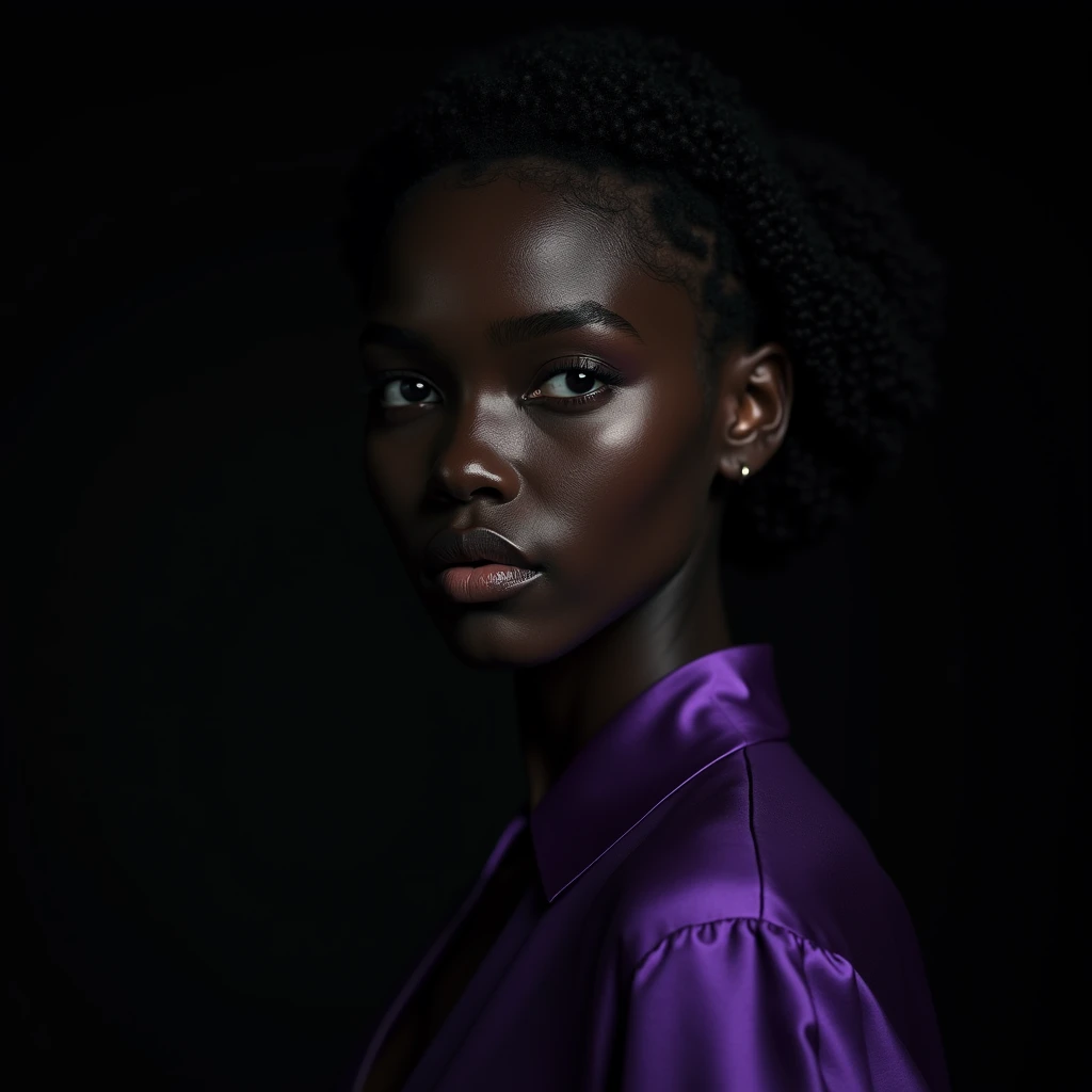 close-up of a woman, dark skin mulatto european appearance, Fractalpunk, curly hair pulled back on top, portrait shot, studio lighting, beautiful android woman, pitchblack skin, She is wearing a purple shirt, Black background, backlight outlining the left side of the face, realistic skin texture, looks straight
