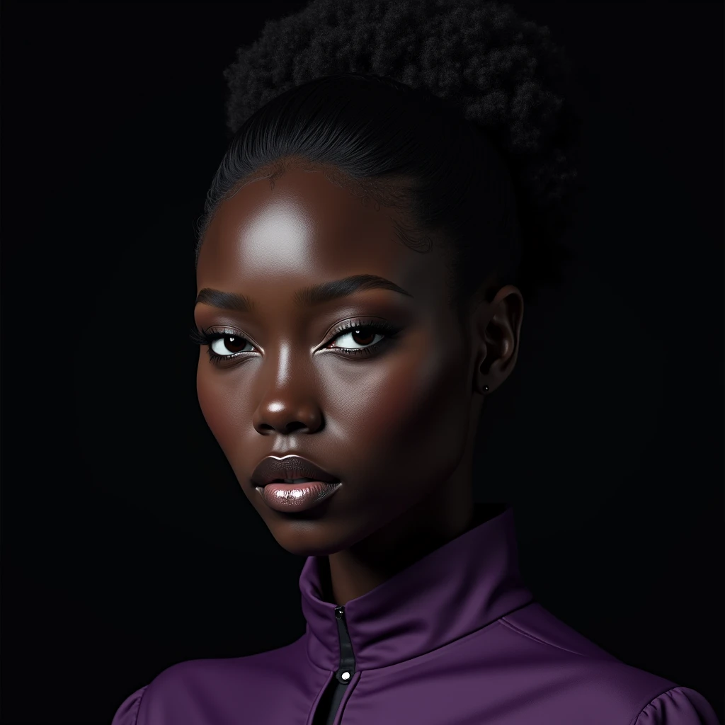 close-up of a woman, dark skin mulatto european appearance, Fractalpunk, curly hair pulled back on top, portrait shot, studio lighting, beautiful android woman, pitchblack skin, She is wearing a purple shirt, Black background, backlight outlining the left side of the face, realistic skin texture, looks straight