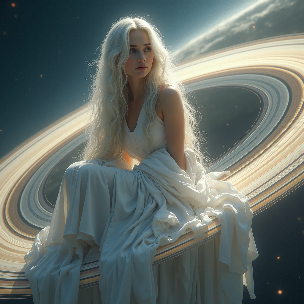 A woman with long white wavy hair,She will be sitting on Saturn&#39;s rings and will wear a long white dress 