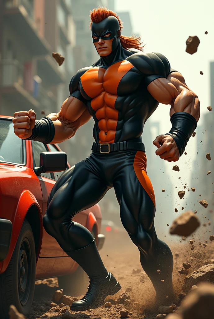 Pepaya superhero Malaysia man.mullet hairstyles .Man small thin bicep. popeye big forearm Wear domino black mask reverse. Wear black Oren jumpsuit singlet. Giant big forearm. Big fire arm. . One hand Punch the road cracking. Floating small rock.human Landing pose. Wear boots black.small bicep. Small tricep. Holding car door ripping. 