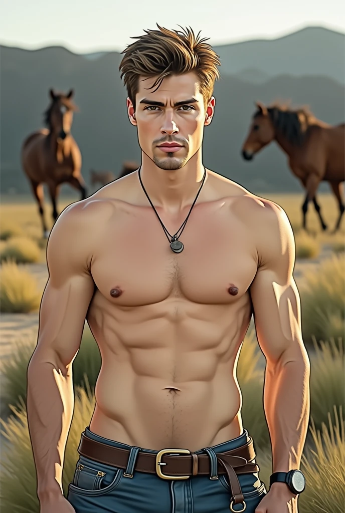 A young handsome skinny man with no shirt standing in the desert with many horses running behind him 