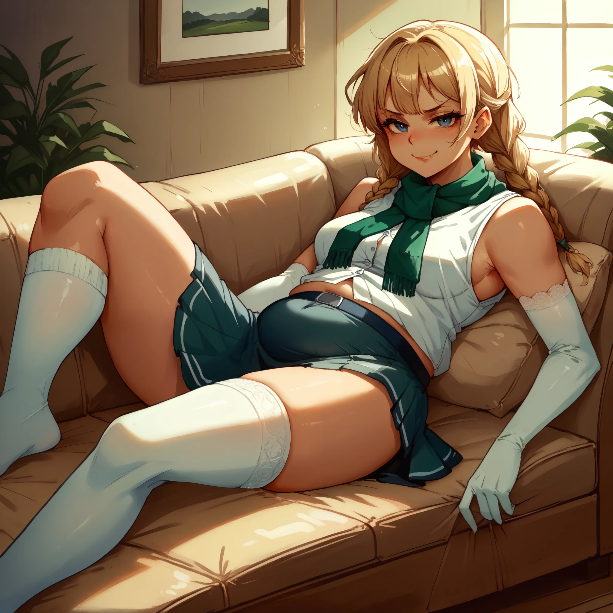 (1girl), 1 girl reclining on couch, ((1 woman))  ((smug expression)) (add_detail:1), lush hair, 1girl, blonde braids, (green neck scarf, white vest, green skirt, white elbow gloves, white thigh high socks,) blue eyes, , dramatic lighting, detailed skin texture, volumetric lighting, belly overhang, focus on belly ((realistic face)) chubby, ((double chin))