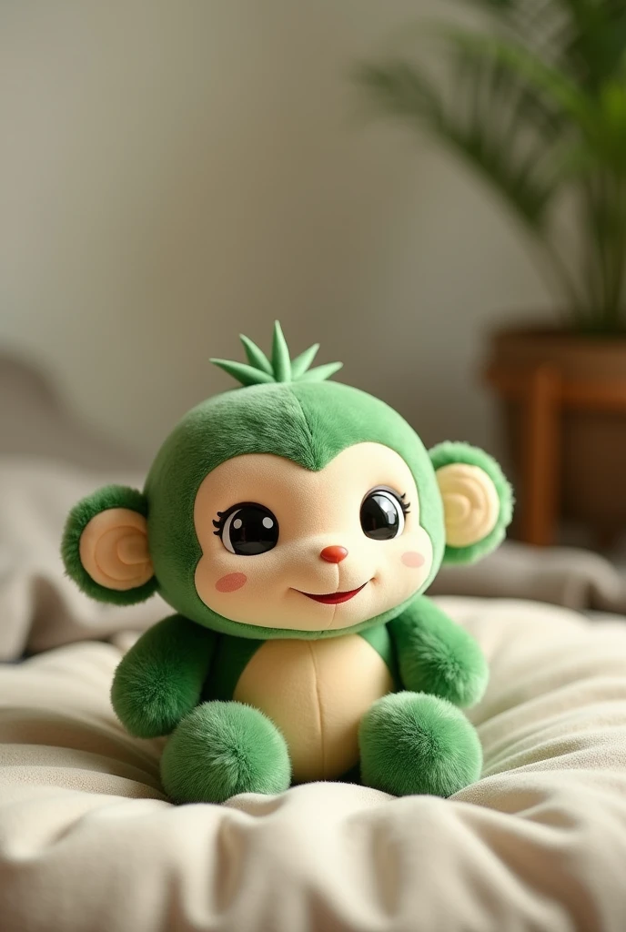 Cute monkey plushie that is green, with a japanese style to it, laying on a bed
