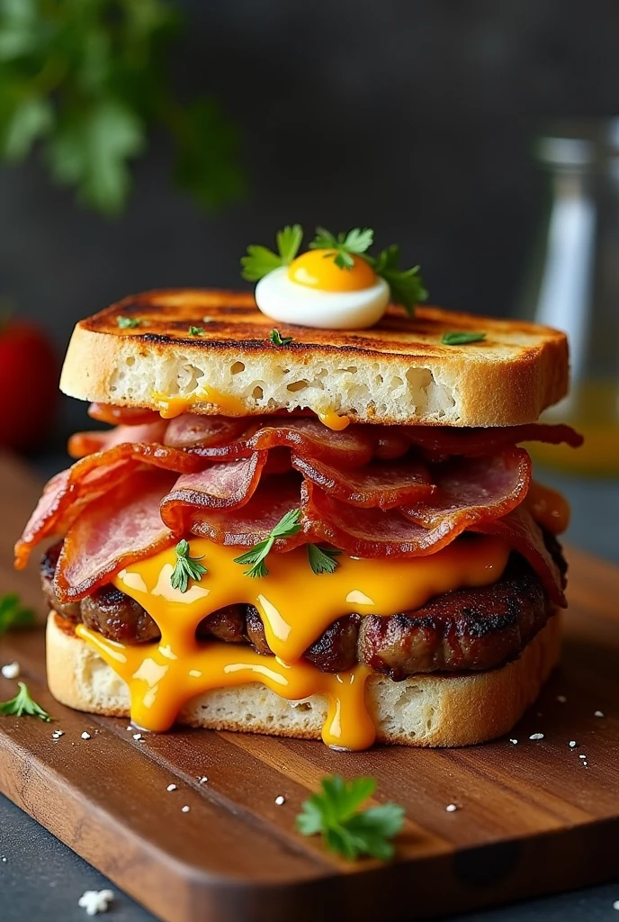 Create an image of a homemade sandwich with five grilled meats cheddar cheese sauce quail egg mayonnaise parsley soft-boiled egg large bacon
