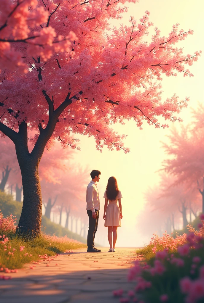 They are in front of a tree with pink flowers., a sunny afternoon