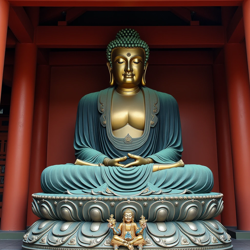 buddhist temple, a huge Buddha Statue is sitting and looking down in todaiji, nara, japan,