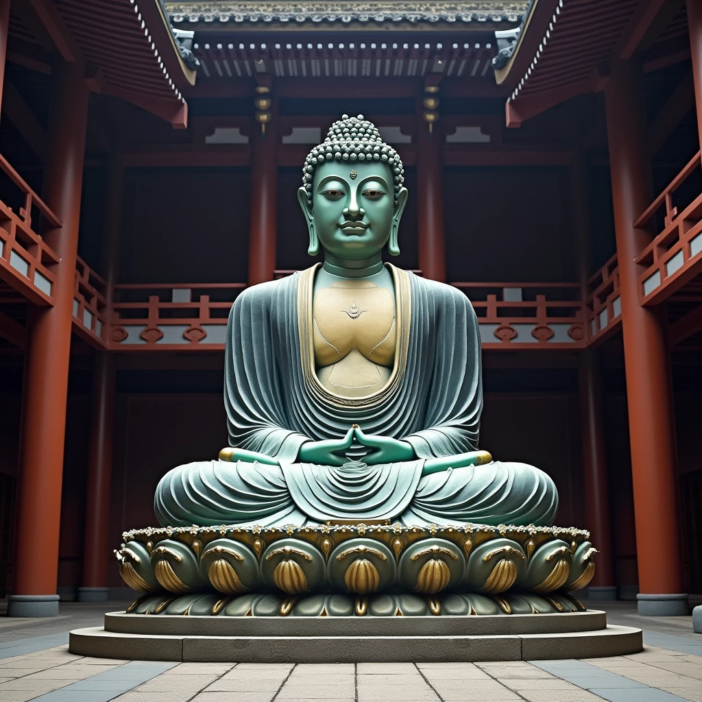 buddhist temple, a huge Buddha Statue is sitting and looking down in todaiji, nara, japan,