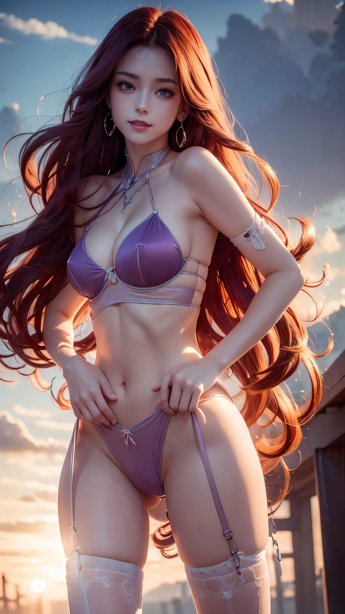 g0thicPXL,1girl, futanari, solo, thighhighs, angelical holy girl huge at back position spread butt cheeks long & curved hair , using a too thigh tiny thong with tanlines, facing camera and smiling with a devilish face, realistic, no glasses, long jelwels and earrings, atmosphere of luxury and sensuality, midriff, long_hair, garter_straps, hands on hips, red_hair, purple_hair