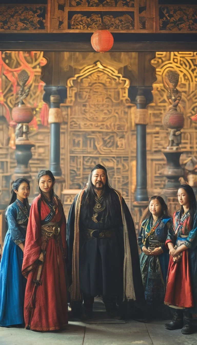 Temujin being declared Genghis Khan by his daughters, symbolizing his leadership over the Mongol tribes, darkness background, hyperrealisti, ultra detailed hyperrealisti, photorrealistic, studio lighting, Reflections, dynamic pose, cinematic, color grading, fot, Shot with a 50mm lens, Ultra-wide angle, Depth of field, 超detailded, beautifully color-graded, 8k