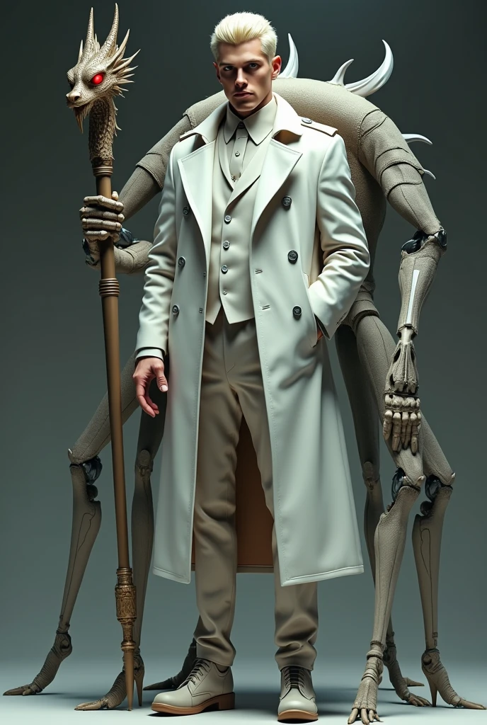 Make a blond man with a white trench coat and dark minds, with a robot hand and a dragon-headed scepter and eight robot legs on his back