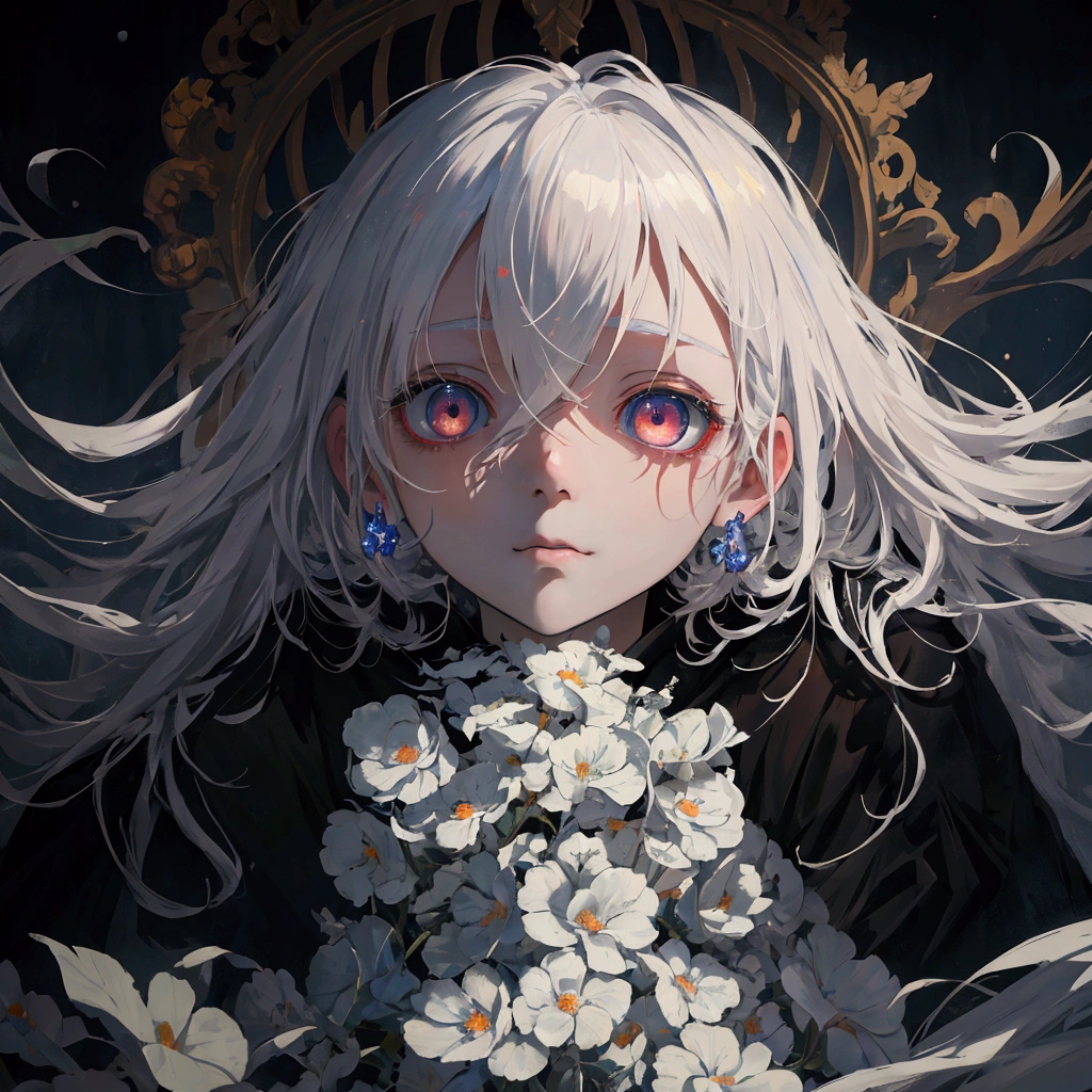 White-haired and big-eyed anime girl sitting on a chair, artwork in the style of Gu Weiss, Gu Weiss masterpiece, Girl with white eyes, Gu Weiss on pixiv artstation, Gu Weiss on artstation pixiv, Gu Weiss, Detailed digital anime art, Weird art style, Loish et WLOP, Cute face. Dark Fantasy