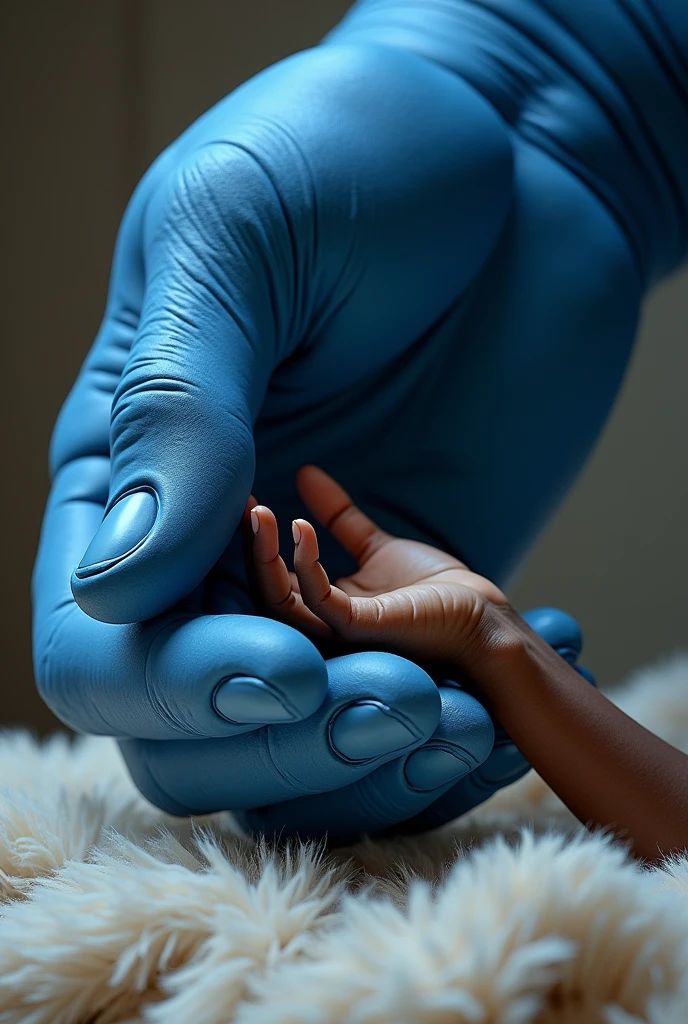Create a realistic image of a giant blue male hand, holding your fingertips, as if helping to lift the girl, her hand is small and feminine, black woman on a furry blanket