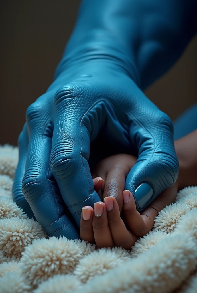 Create a realistic image of a giant blue male hand, holding your fingertips, as if helping to lift the girl, her hand is small and feminine, black woman on a furry blanket