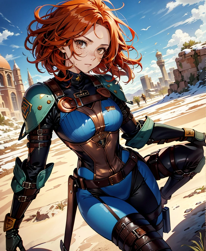 highest quality,T Masterpiece,final solution,Fluffy,Very colorful,colorful,mature woman,copper red hair, curly hair, brown eyes, short hair, freckles, blue fight combat uniform,tight suit, desert, Legs