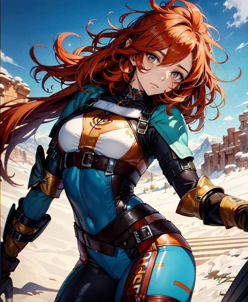 highest quality,T Masterpiece,final solution,Fluffy,Very colorful,colorful,mature woman,copper red hair, curly hair, brown eyes, short hair, freckles, blue fight combat uniform,tight suit, desert, Legs