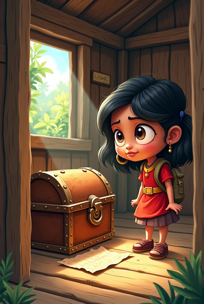Cartoon style images - Inside the hut, Seema finds an old, rusted chest with another note placed on top of it.