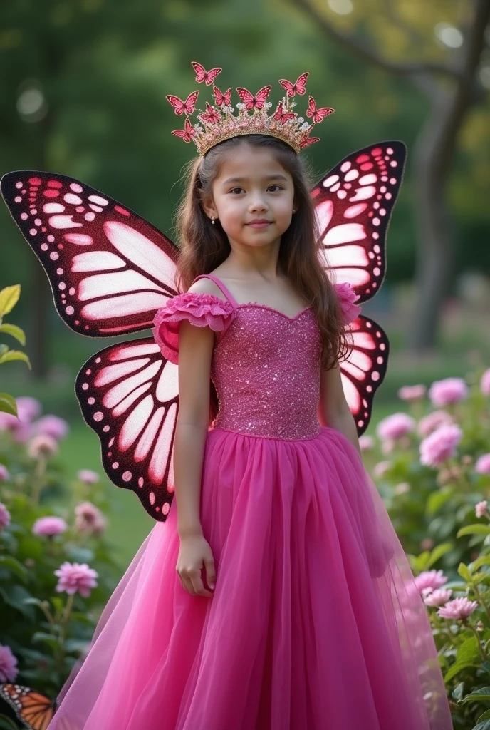 Fuchsia dress for girls with butterfly costume party with wings for queen. Have a crown with lots of butterflies attached to each tip of the crown