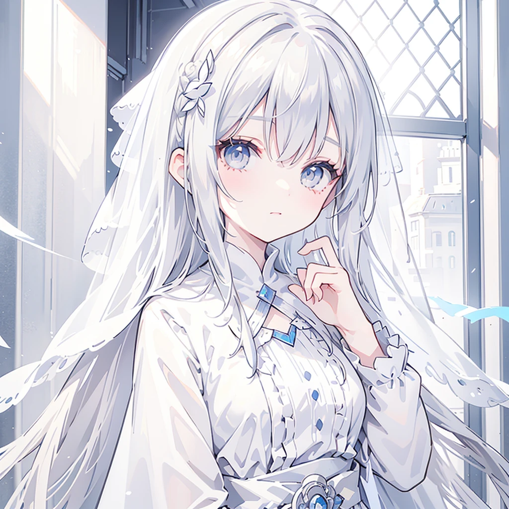 a veil on her head, Grey Veil, White hair, Off-white, Gouvezi art style, Arrogant and indifferent girl, Half squinted, White eyes球, White eyes, Ethnic style, Off-white