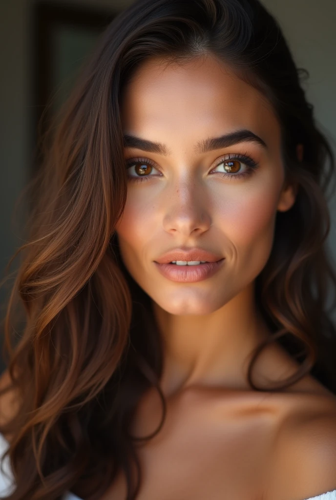 Arafed woman with long brown hair and brown eyes, beautiful face latina, extremely beautiful face, beautiful brown eyes, beautiful face and perfect skin, brown hair and big eyes, Amber eyes focused, beautiful face atractiva, Portrait of tanned beauty, Photo of a beautiful woman, eyes the color of honey, beautiful face, beautiful and attractive face, Detailed beautiful face, light brown eyes. at the hair salon sitting in the hairdresser's chair in front of the mirror