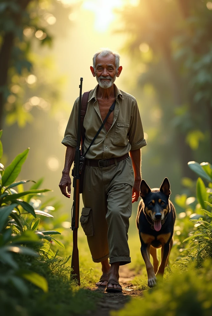 Photorealism 1.2 old Malay male smile wearing tear shirt trousers sling bag carrying a rifle walk with hunting black brown dog waving tail at jungle background morning mode sunlight silhouette very high detail high definition full HD