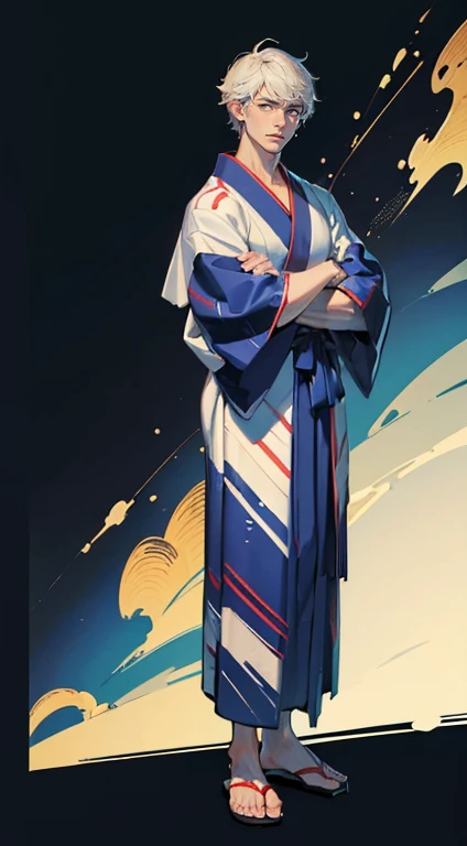 ((masterpiece,Highest quality,8k,High resolution)),((Character Concept Art)), 1 male, whole body,Character portrait,Arms crossed,Stand with your feet together,Slightly to the left,yukata,Traditional Japanese Clothing,Men's kimono.Long legs,