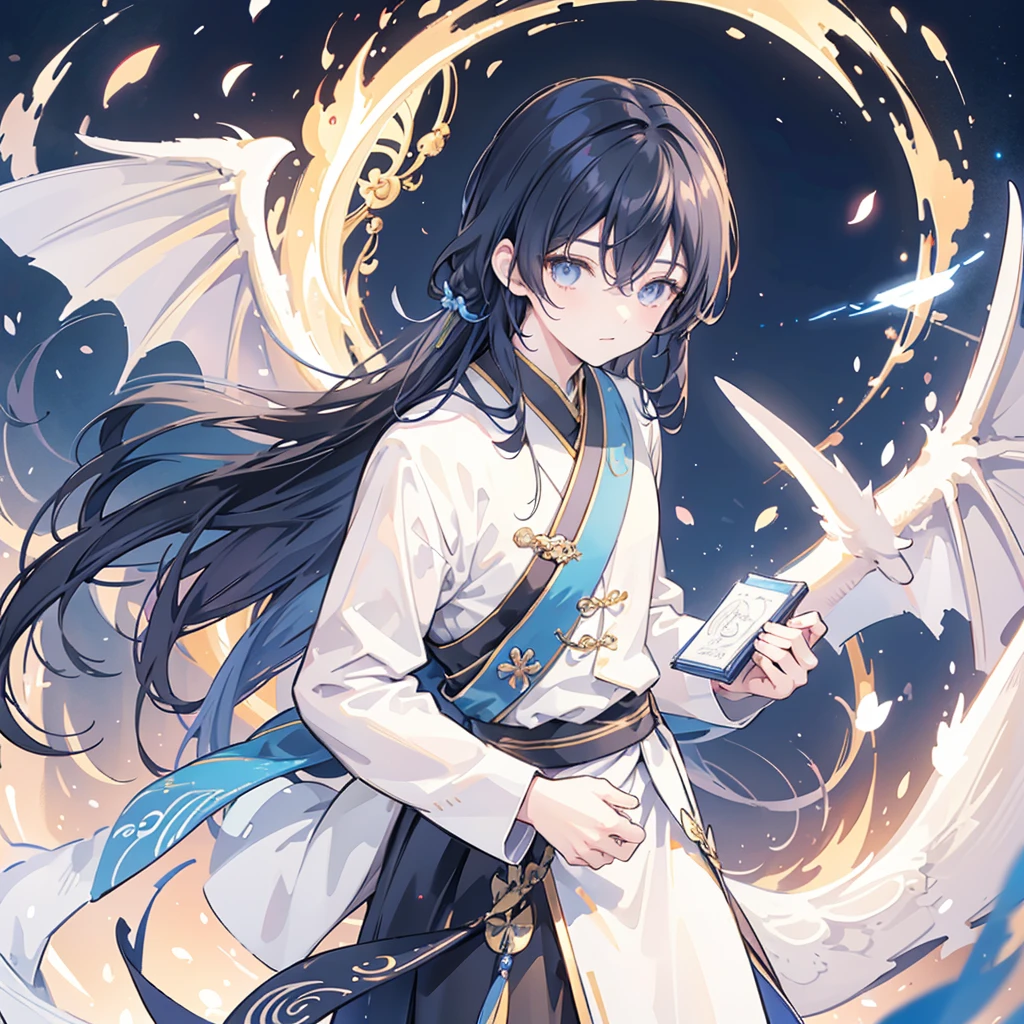 This is a carefully designed fantasy portrait,Depicts a man of great stature、Strong-willed、A seventeen-year-old boy with spiritual energy, A huge bright blue light appeared behind him., Shiny black hair, Dragons and phoenixes fly, Golden Light, Chinese martial arts styles.