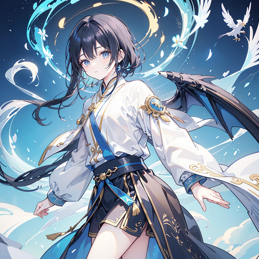This is a carefully designed fantasy portrait,Depicts a man of great stature、Strong-willed、A seventeen-year-old boy with spiritual energy, A huge bright blue light appeared behind him., Shiny black hair, Dragons and phoenixes fly, Golden Light, Chinese martial arts styles.