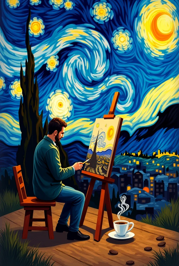 Generate me an image that has to do with coffee and Van Gogh's art with the phrase in the image : "The canvas for your ideas and a coffee for your soul"
