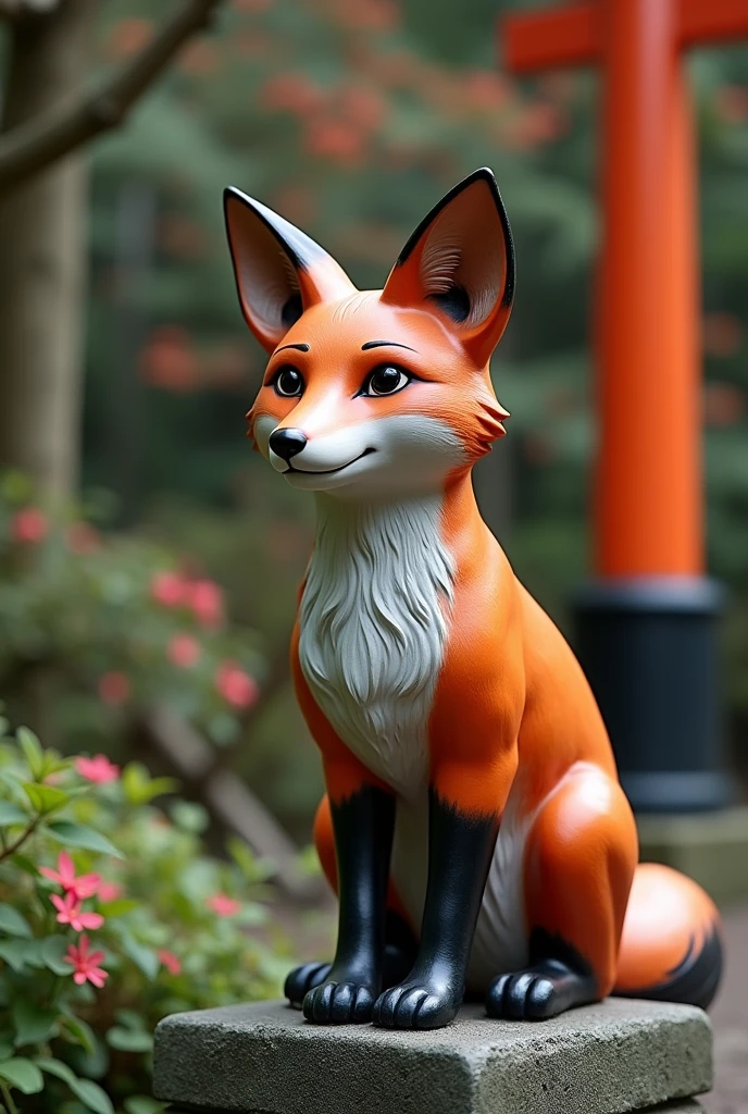 It depicts the fox statue in the grounds of Fushimi Inari Taisha Shrine.。These images are、It is considered sacred as a messenger of the Inari deity, the guardian deity of the shrine.。The fox statue、They are often placed in pairs.、Located throughout the shrine。Sharp eyes and hall々It is characterized by its shape.、It symbolizes the history and faith of the shrine.。In the surrounding area、wood々The flowers and plants blend into nature.、It creates a tranquil atmosphere