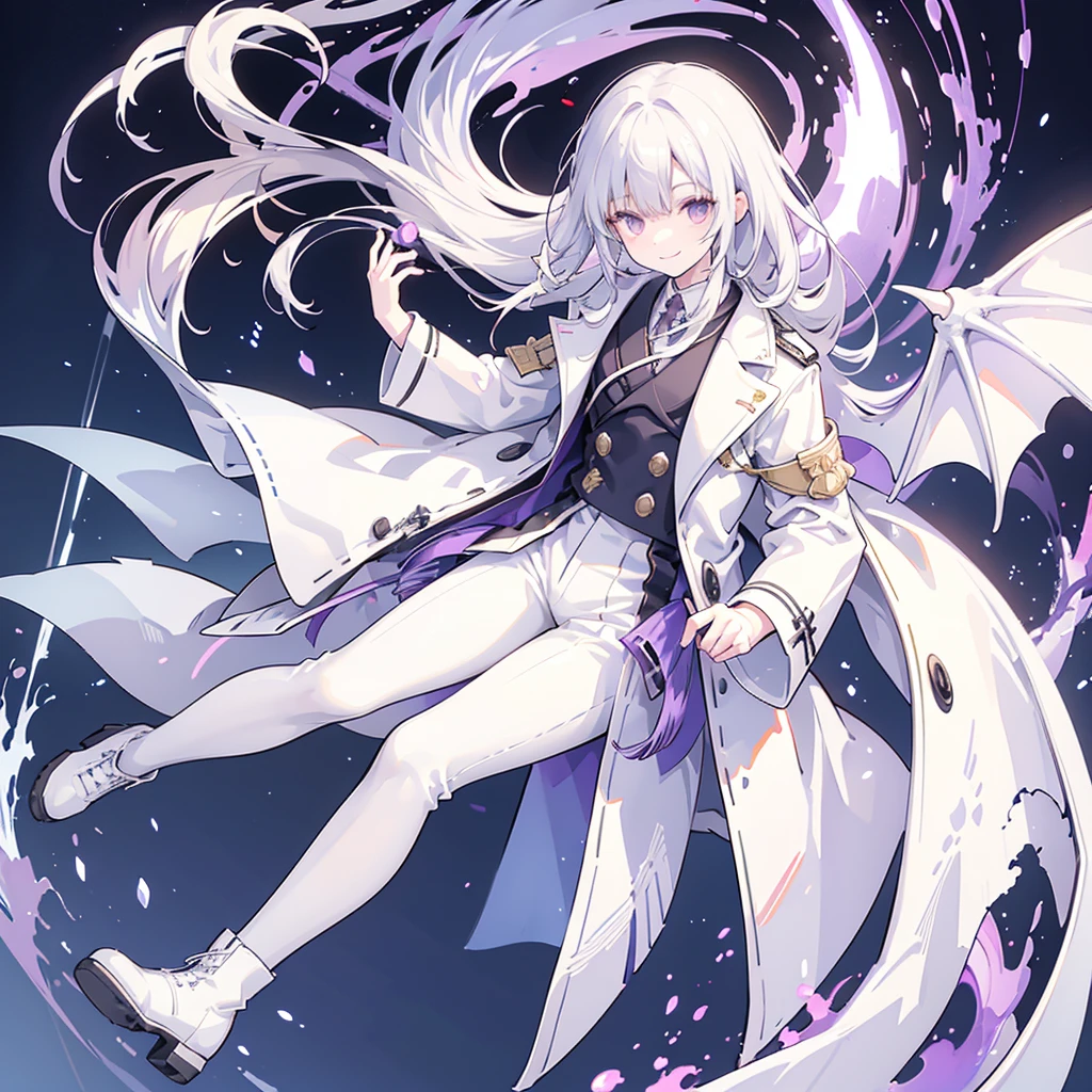 Muscle Man, Solitary, White trench coat, White trousers, White hair, Black hair, A man who looks Japanese, Dragon Horn, Purple combat boots, Smile, Dark brown eyes, Fantasy Landscape, Flame through the darkness.