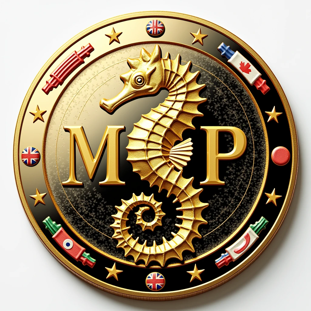 Coins will be made with the letters MJP in the center.. Seahorse design in the center. Money, high quality, A luxurious image. The outside features the flags of JAPAN and MARASHIMA..
Transparent watermark on background