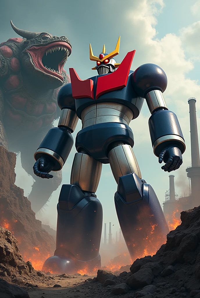 Mazinger Z fighting a mechanical beast