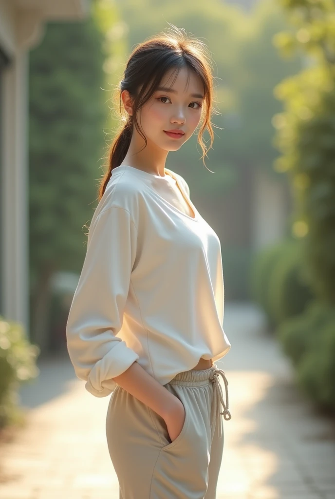 (photorealism:1.2), beautiful woman, wearing white shirt, no buttons tucked, jogger pants, ponytail, soft lighting, outdoor, standing pose, realistic, Simple colors