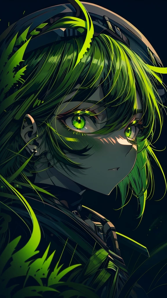 anime girl with green eyes and a black hat and green dress, dark green and black, black and green, Gothic Maiden Anime, From Arknights, green and black, Gwaiz, dark green tones, Stylish Dark Witch, with green skin, dark deep green, 悲しそうなgreenい目, ((green)), Cobalt coloring, dark green eyes