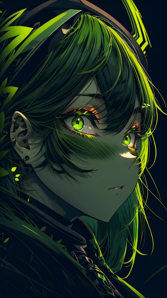 anime girl with green eyes and a black hat and green dress, dark green and black, black and green, Gothic Maiden Anime, From Arknights, green and black, Gwaiz, dark green tones, Stylish Dark Witch, with green skin, dark deep green, 悲しそうなgreenい目, ((green)), Cobalt coloring, dark green eyes