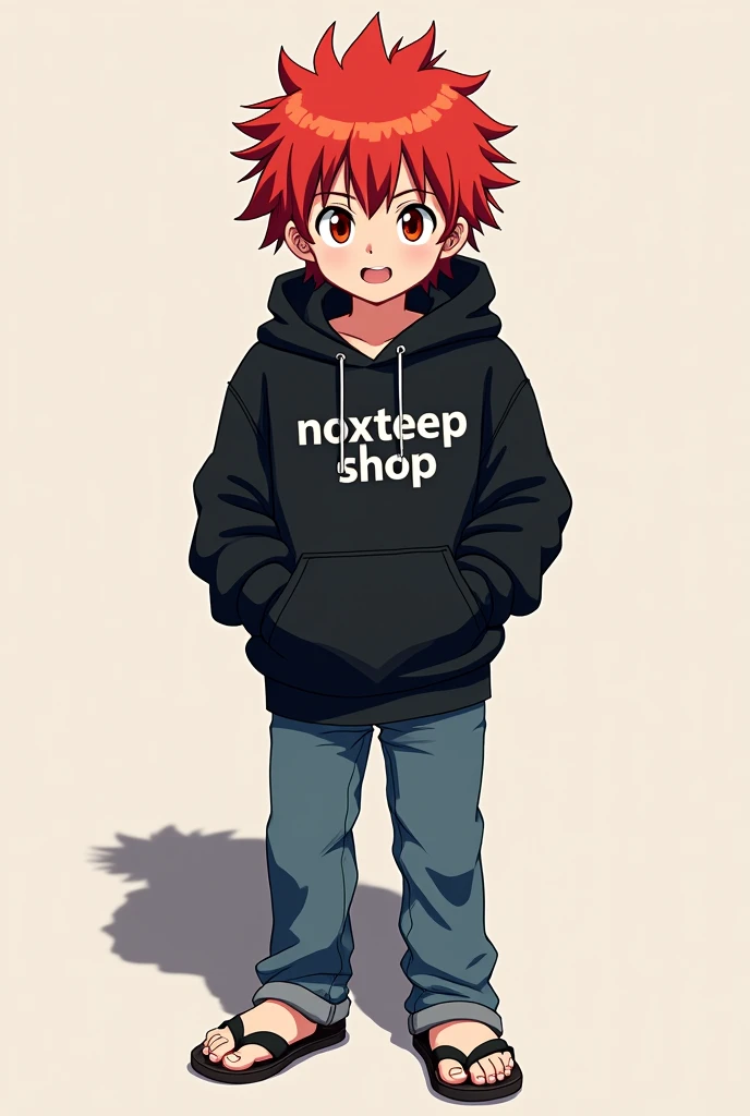 Red hair, anime style, frame size 500 x 500 px, wearing a black hoodie, jeans, and sandals, with the words NOXTEEP SHOP.