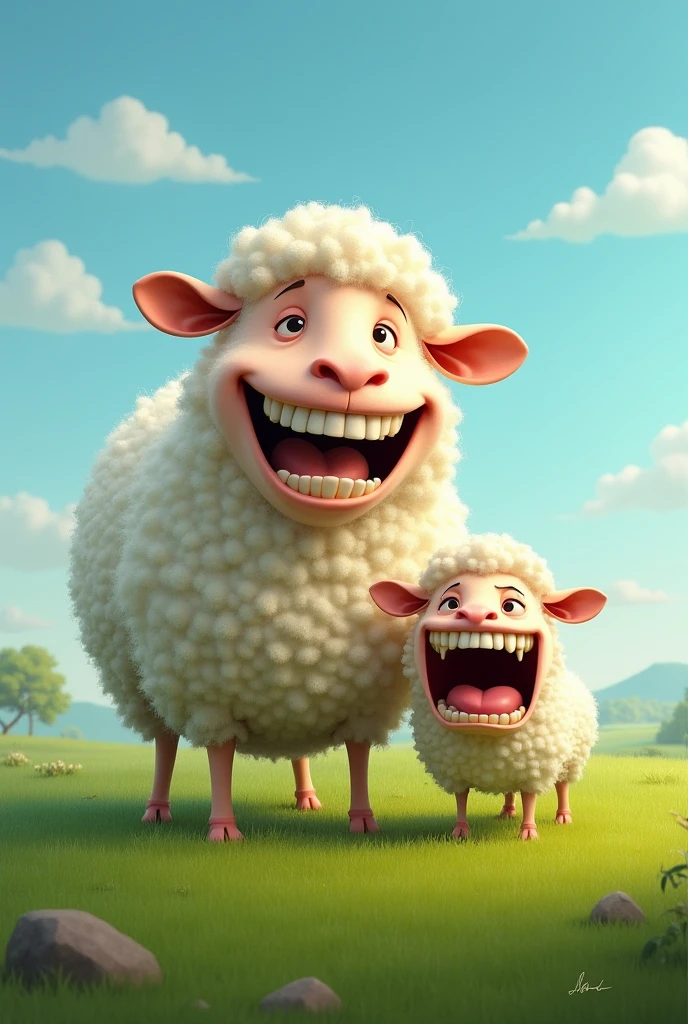 two sheep, one bigger than the other one, big one is happy, smaller one is mad, big teeth, over green grass, blue sky