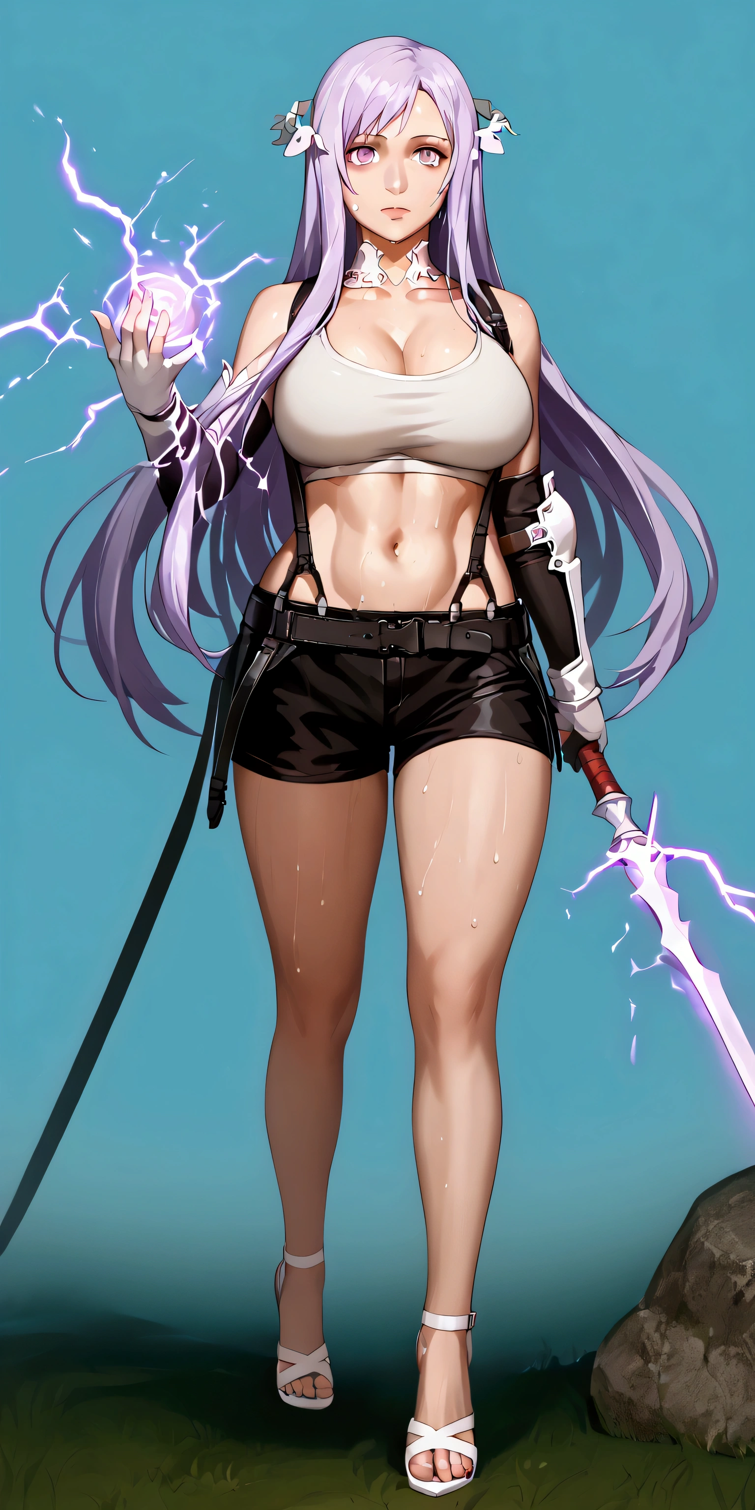 score_9, score_8_up, score_7_up, score_6_up, uncensored, quinella, absurdly long hair, purple eyes, long hair, parted bangs, purple hair, very long hair, hair ornament, BREAK  (detailed eyes:1.5), (perfect hands, perfect anatomy), Anime Style, Manga Style, Hand drawn, cinematic, Sharp focus, humorous illustration, big depth of field, Masterpiece, concept art, trending on artstation, Vivid colors, Simplified style, trending on ArtStation, trending on CGSociety, Intricate, Vibrant colors, Soft Shading, Simplistic Features, Sharp Angles, Playful, excessive sweating, sweating profusely, sweating drop BREAK, 1girl, tifalockhartcosplay, tifa lockhart \(cosplay\), suspender skirt, suspenders, navel, midriff, white tank top, cleavage, elbow pads, crop top, tank top, shorts, short shorts, collarbone, gloves, elbow gloves, full body, weapon, standing, jewelry, large breasts, high heels, toes, looking at viewer, field, rock, aura, magic, electricity, 