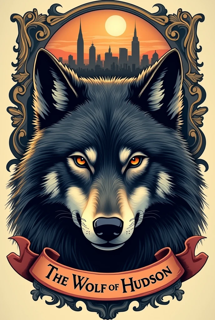 A wolf's head directly below the city of Hudson NY as a front view, inside a banner with the writing “The Wolf of Hudson”