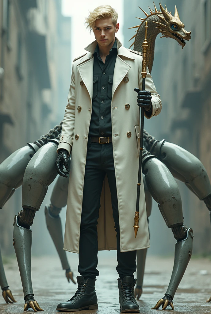 Make a blond man with a white trench coat and dark minds, with a robot hand and a dragon-headed scepter and eight robot legs on his back 