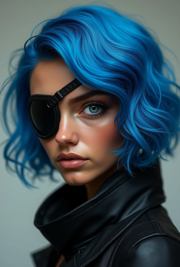 woman with blue hair with waves, an eye patch, the other with white iris and cinnamon-colored brown skin