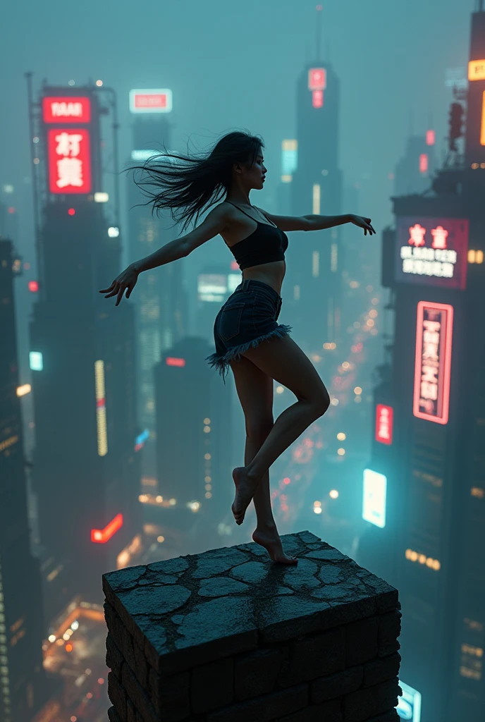 photo-realistic, dramatic scene, cinematic scene, masterpiece, (extremely beautiful Japanese boyish fat girl), professional dancer, full body, acrobatic pose, dynamic angle, breakdancing at the top of the tallest building, on the dangerous edge, amazing view of cyber punk skyscrapers, her brilliant fantastic dance techniques, spot light